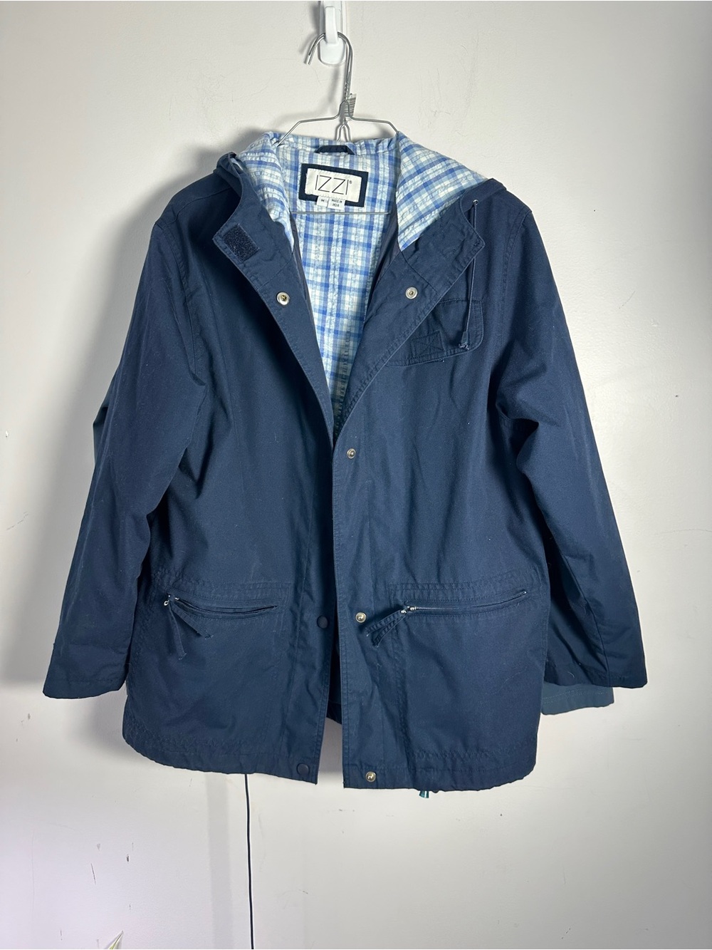 EUC IZZI Womens Jacket Rain All Weather Coat Navy Blue Hood Medium M